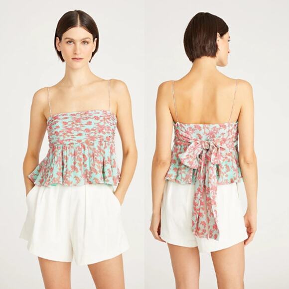 NWT Amur Spaghetti Straps Everett Bow Peplum Cropped Top Miami Sky Botanical - Picture 1 of 8